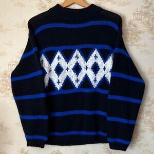 Vintage 90s Grunge Knit Sweater | Black & Blue Geometric Striped | Size Medium